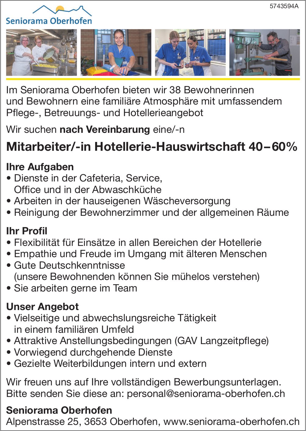 Mitarbeiter/-in Hotellerie-Hauswirtschaft 40-60%, Seniorama Oberhofen, gesucht