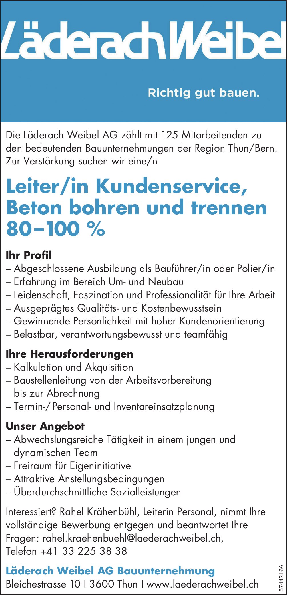 Leiter/in Kundenservice, Beton bohren und trennen 80-100%, Läderach Weibel AG, Thun,  gesucht