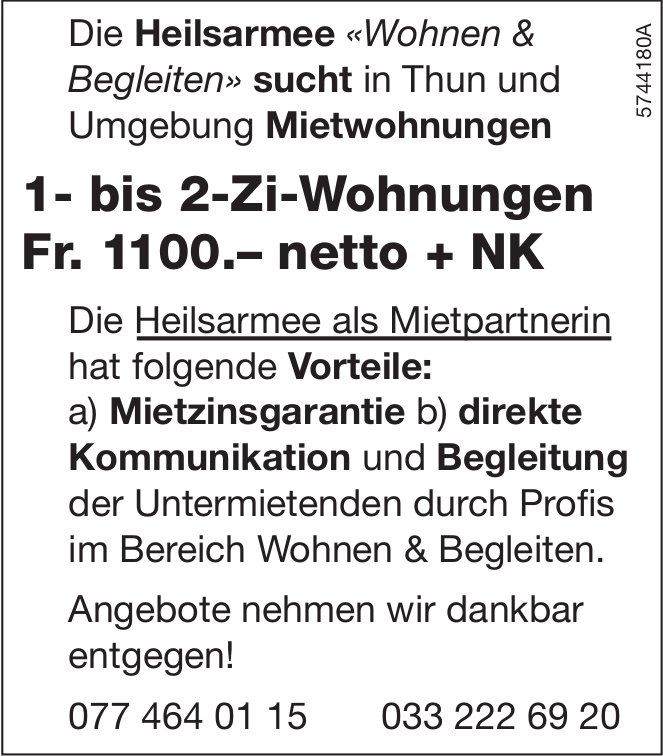 1- bis 2-Zi-Wohnungen, Thun und Umgebung, zu mieten gesucht