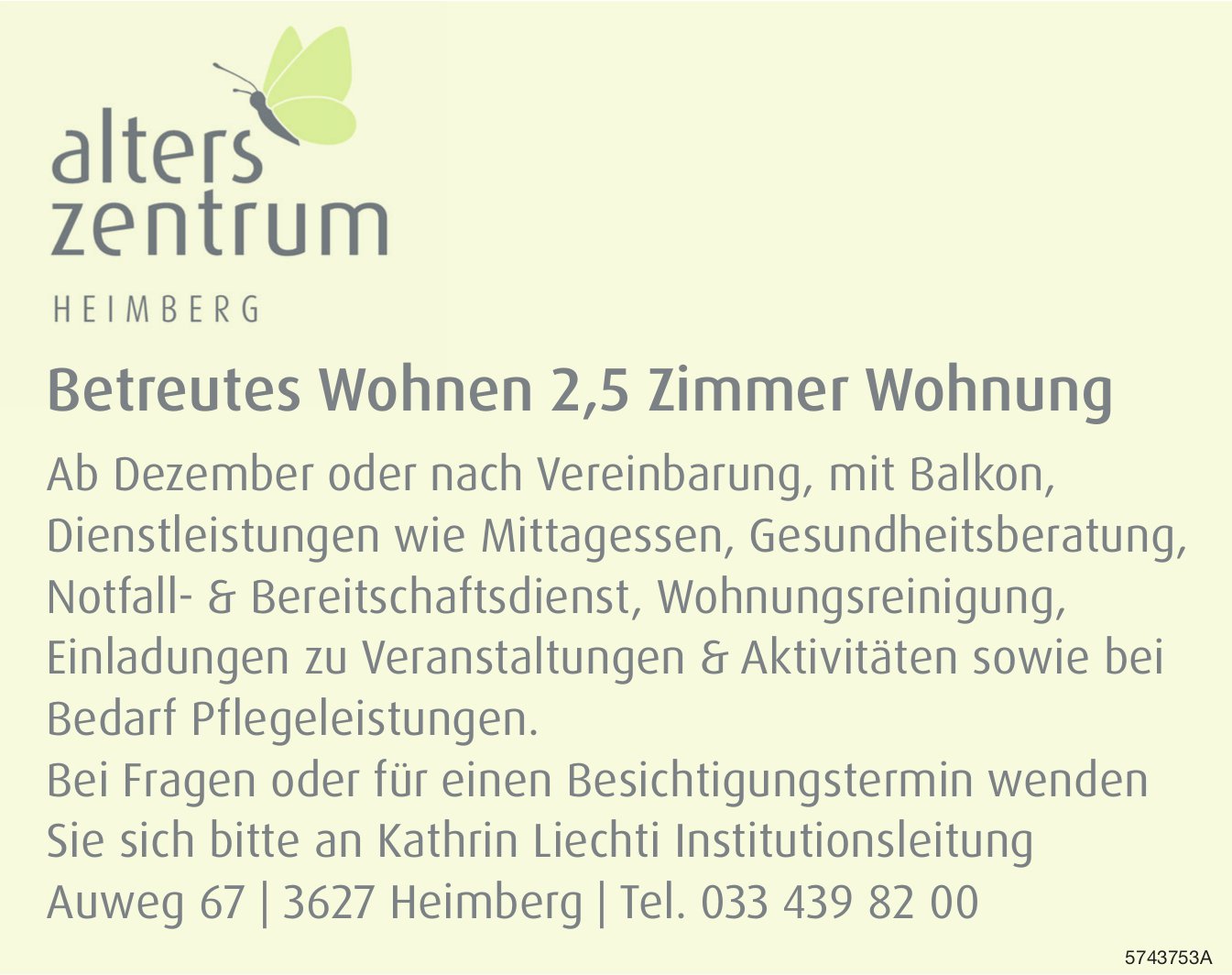 2.5-Zimmer-Wohnung, Betreutes Wohnen, Heimberg,  zu vermieten