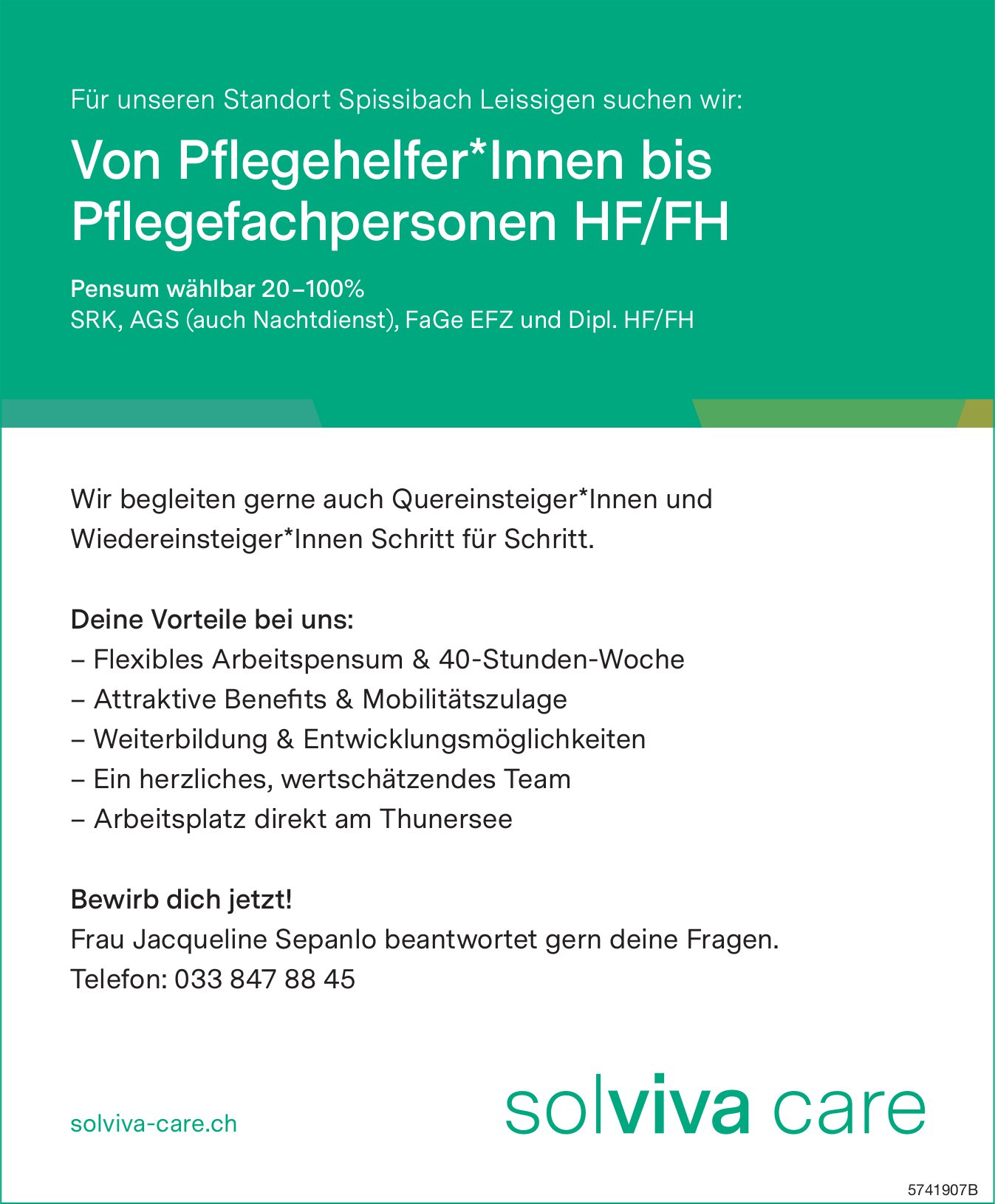 Von Pflegehelfer*Innen bis Pflegefachpersonen HF/FH, Solviva Care Spissibach, Leissigen, gesucht