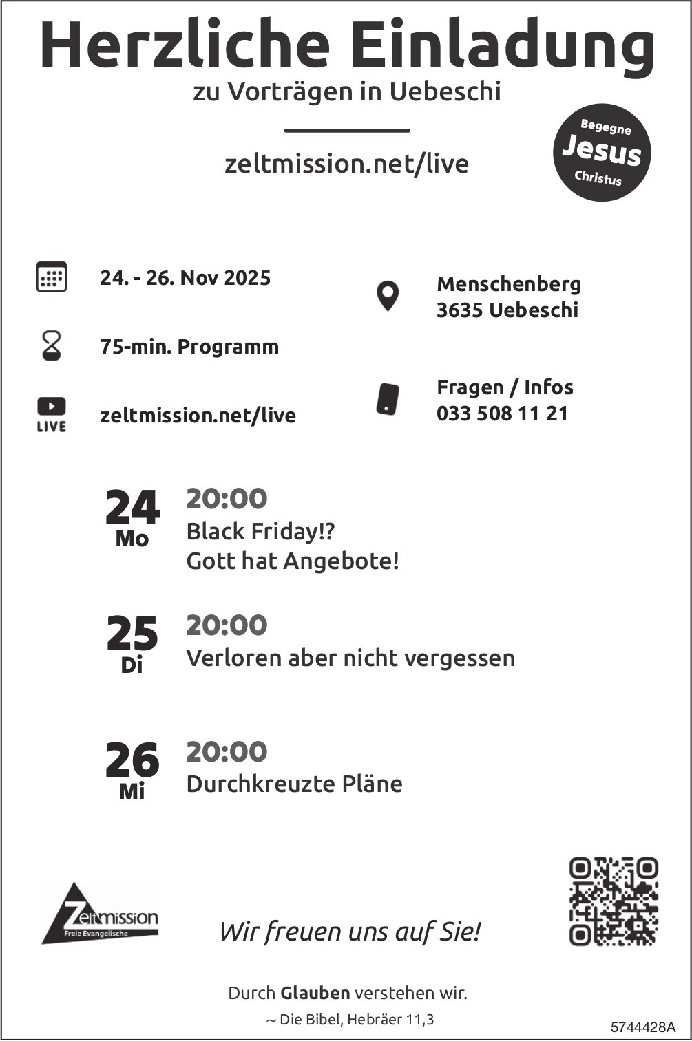 Herzliche Einladung zu Vorträgen, 24.  26. November, Menschenberg, Uebeschi