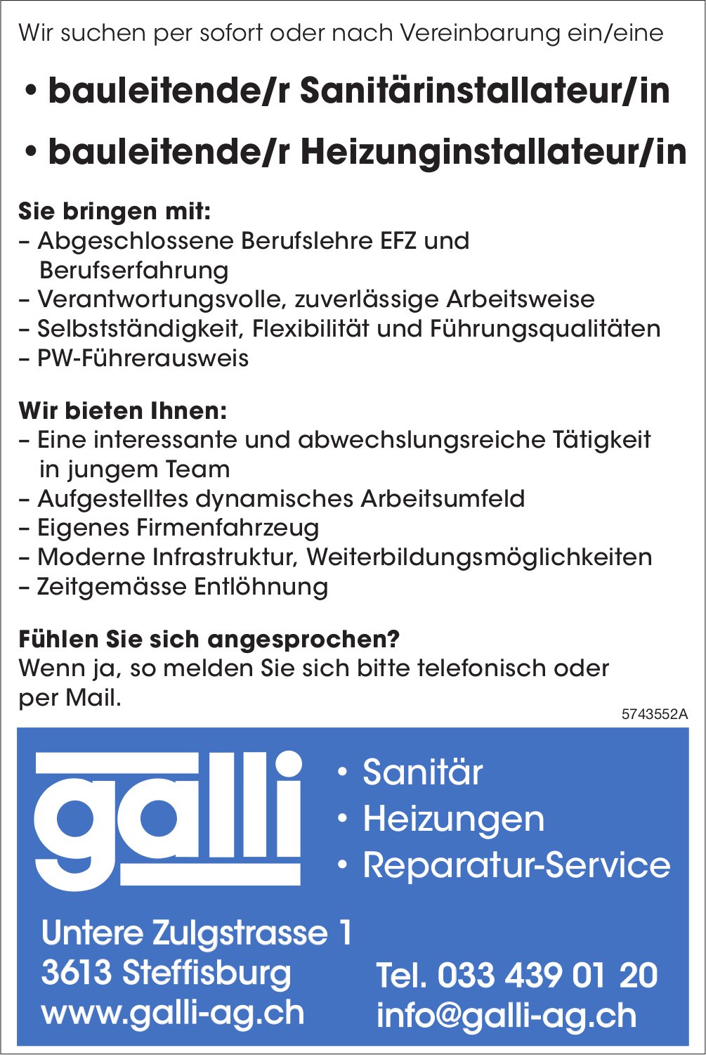 Bauleitende/r Sanitärinstallateur/in und Bauleitende/r Heizunginstallateur/in, Galli AG, Steffisburg, gesucht