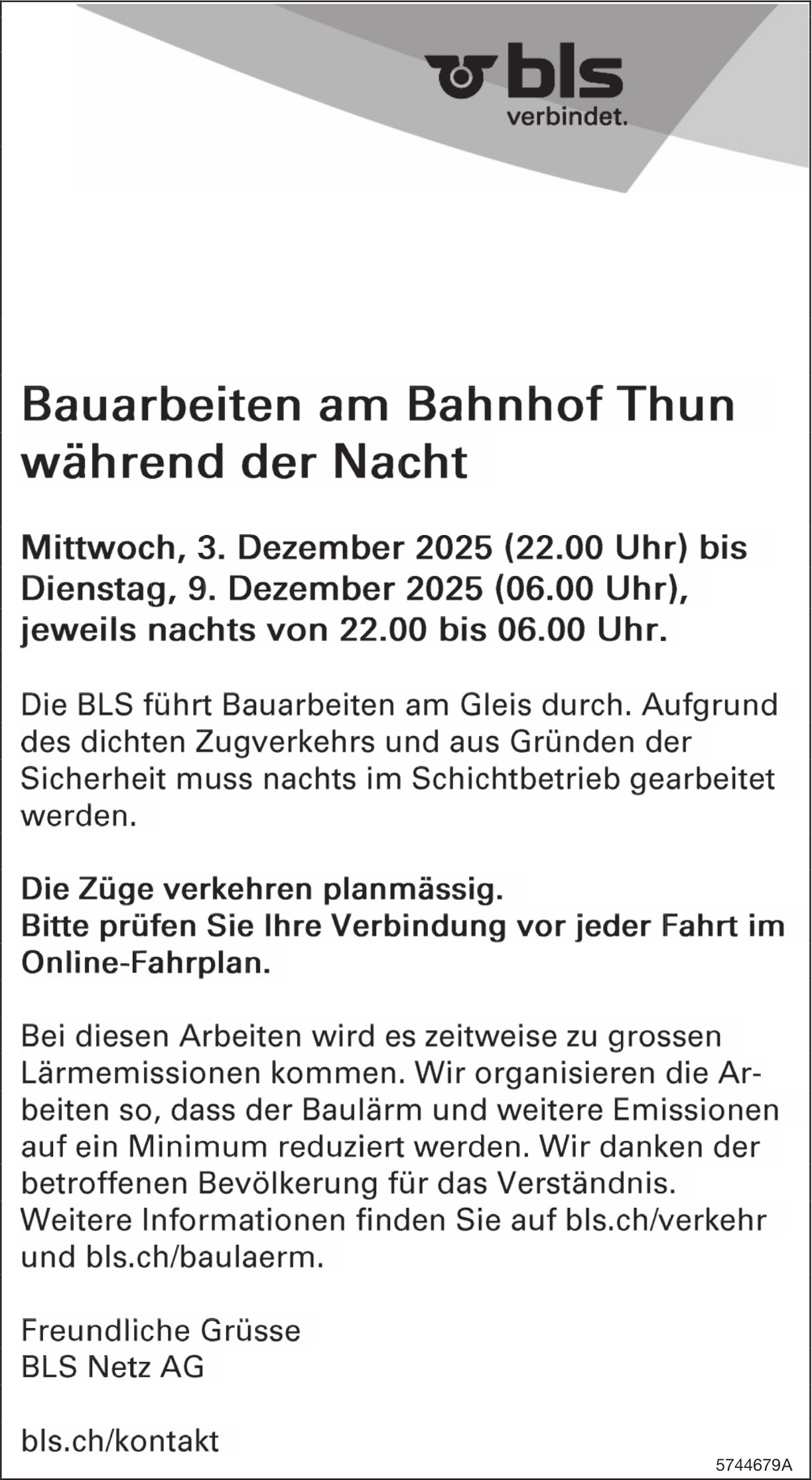Verkehrsmassnahmen/ unterhaltsarbeiten, BLS Netz AG, Bauarbeiten am Bahnhof Thun während der Nacht