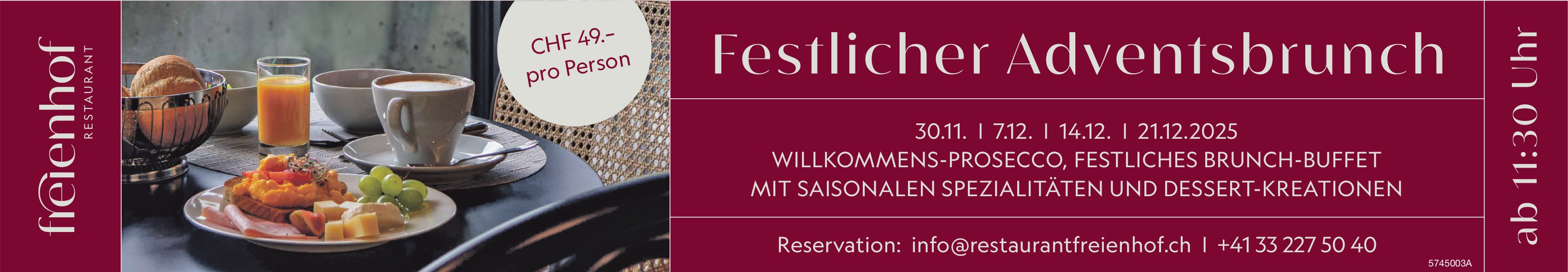 Festlicher Adventsbrunch, 30. November, 7. /14. und 21. Dezember, Restaurant Freienhof