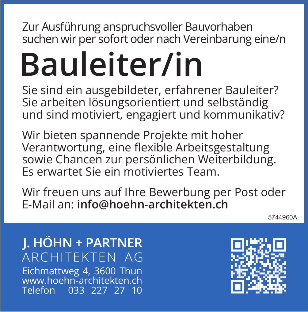 Bauleiter/in, J. Höhn + Partner Architekten AG, Thun, gesucht