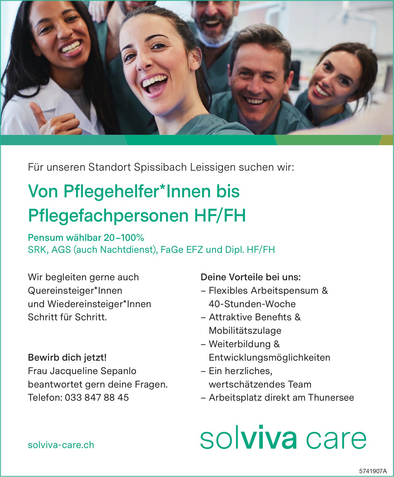 Von Pflegehelfer*Innen bis Pflegefachpersonen HF/FH 20-100%, Solviva Care, Leissigen, gesucht