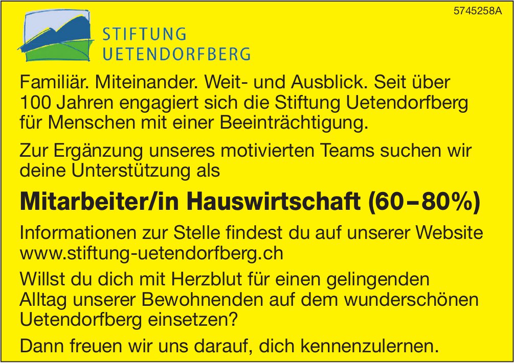 Mitarbeiter/in Hauswirtschaft (60-80%), Stiftung Uetendorfberg, gesucht