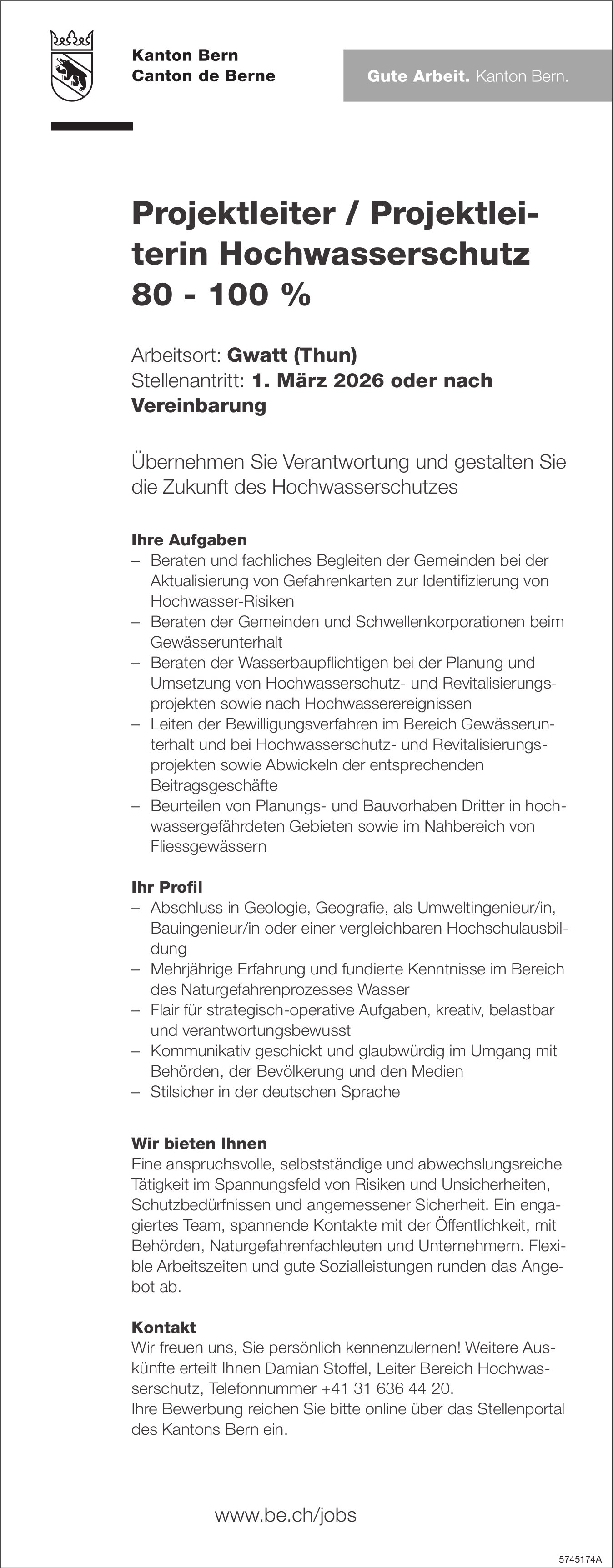 Projektleiter / Projektleiterin Hochwasserschutz 80-100%, Kanton Bern, Gwatt, gesucht