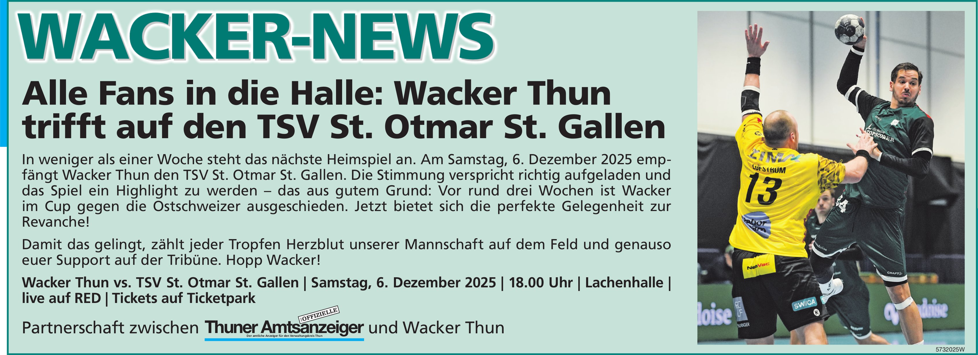 Wacker-News, Alle Fans in die Halle: Wacker Thun trifft auf den TSV St. Otmar St. Gallen