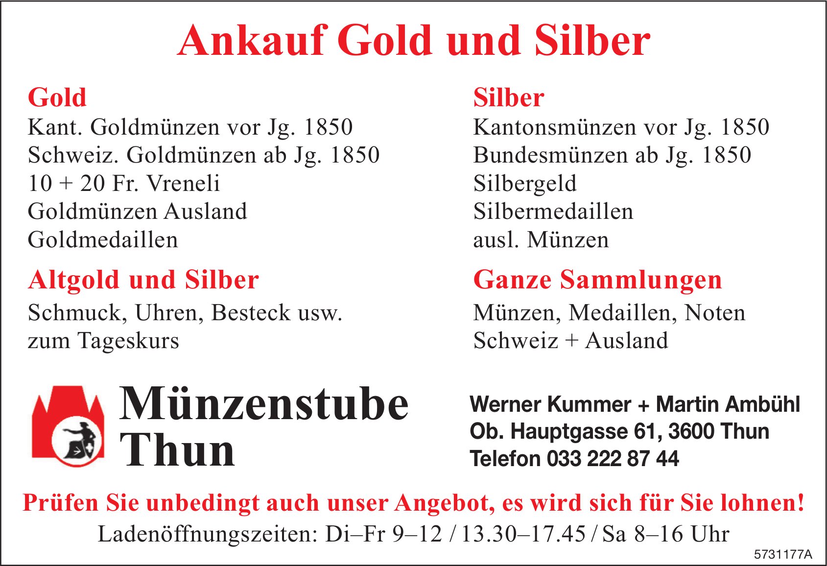 Münzenstube, Thun - Ankauf Gold und Silber