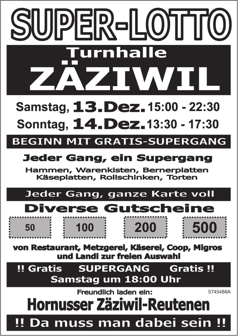 Super-Lotto, 13. - 14. Dezember, Turnhalle Zäziwil