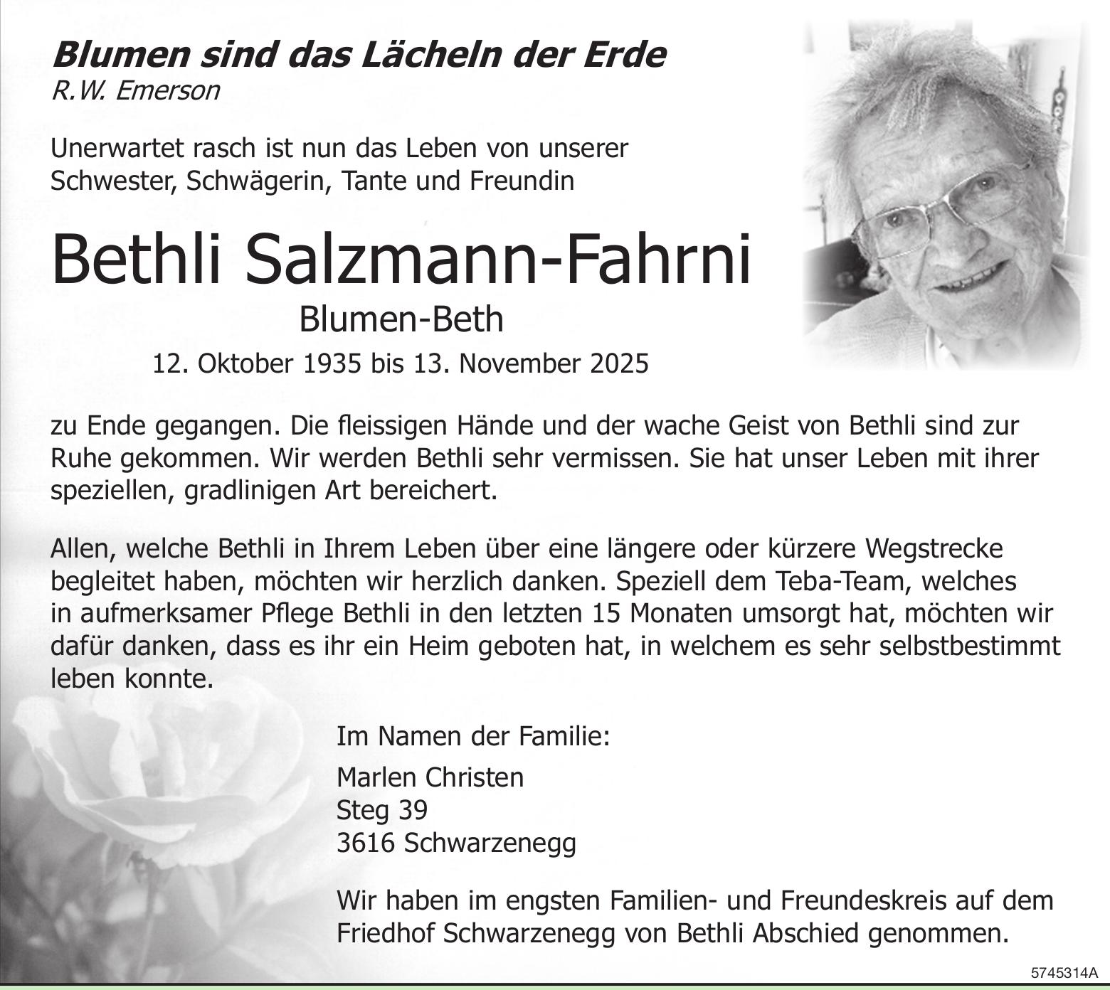 Salzmann-Fahrni Bethli, November 2025 / TA