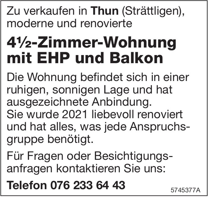 Moderne und renovierte 4½-Zimmer-Wohnung mit EHP und Balkon, Thun, zu verkaufen