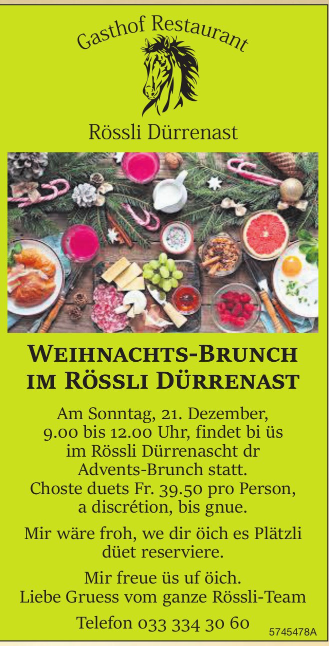 Weihnachts-Brunch, 21. Dezember, Rössli Dürrenast