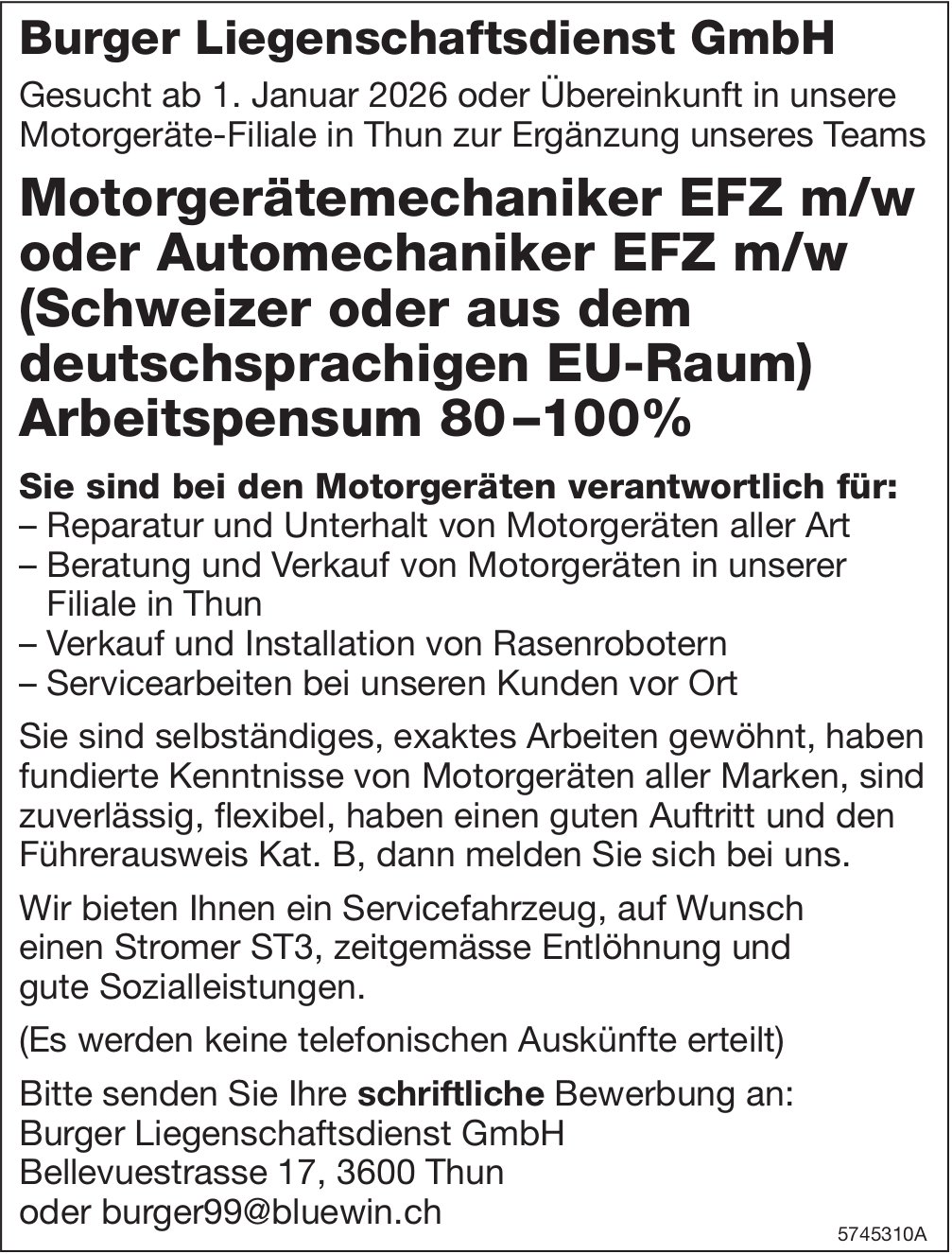 Motorgerätemechaniker Efz m/w oder Automechaniker Efz m/w, Burger Liegenschaftsdienst GmbH, Thun, gesucht