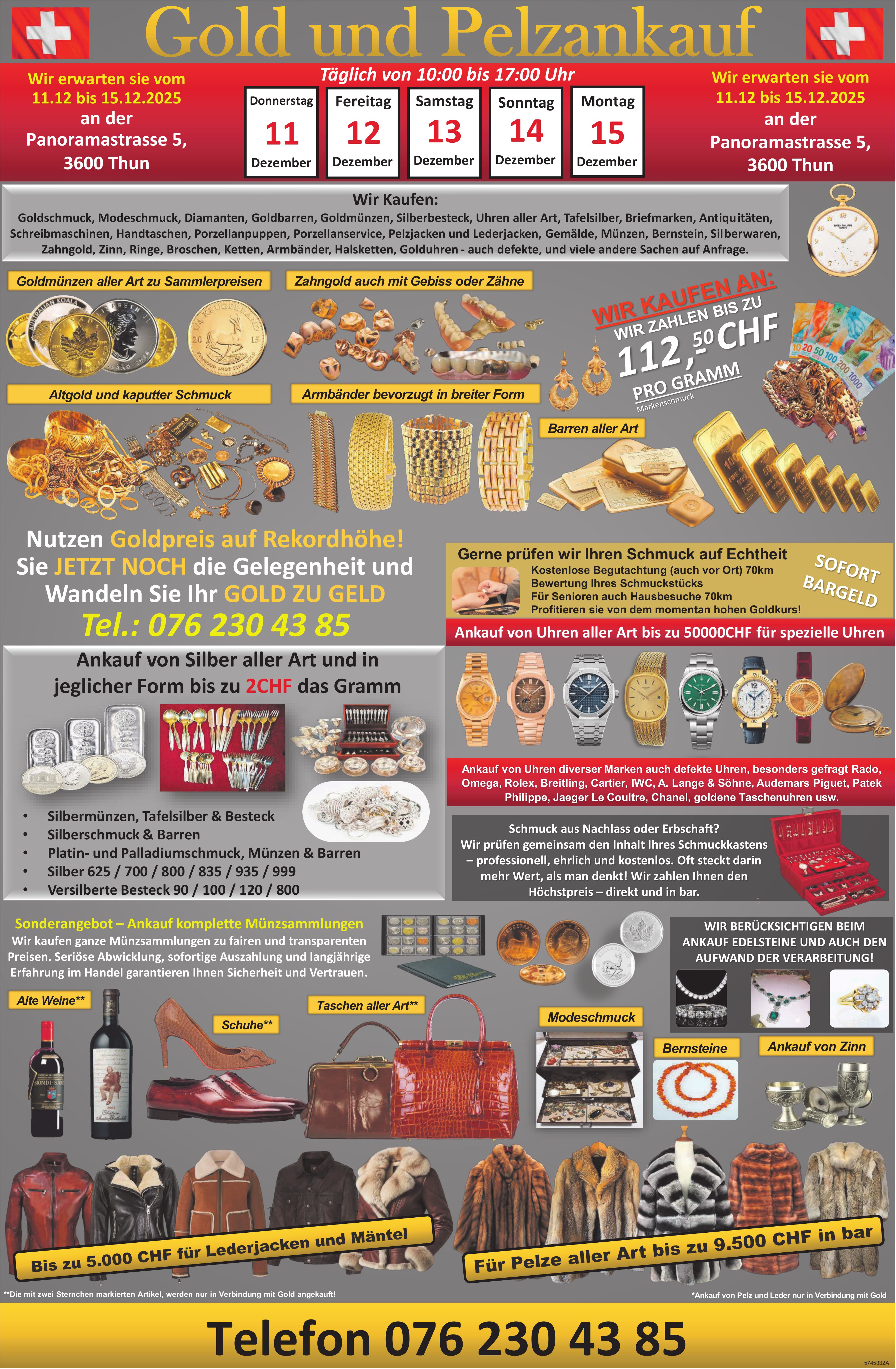 Gold und Pelzankauf, 11. - 15. Dezember, Thun