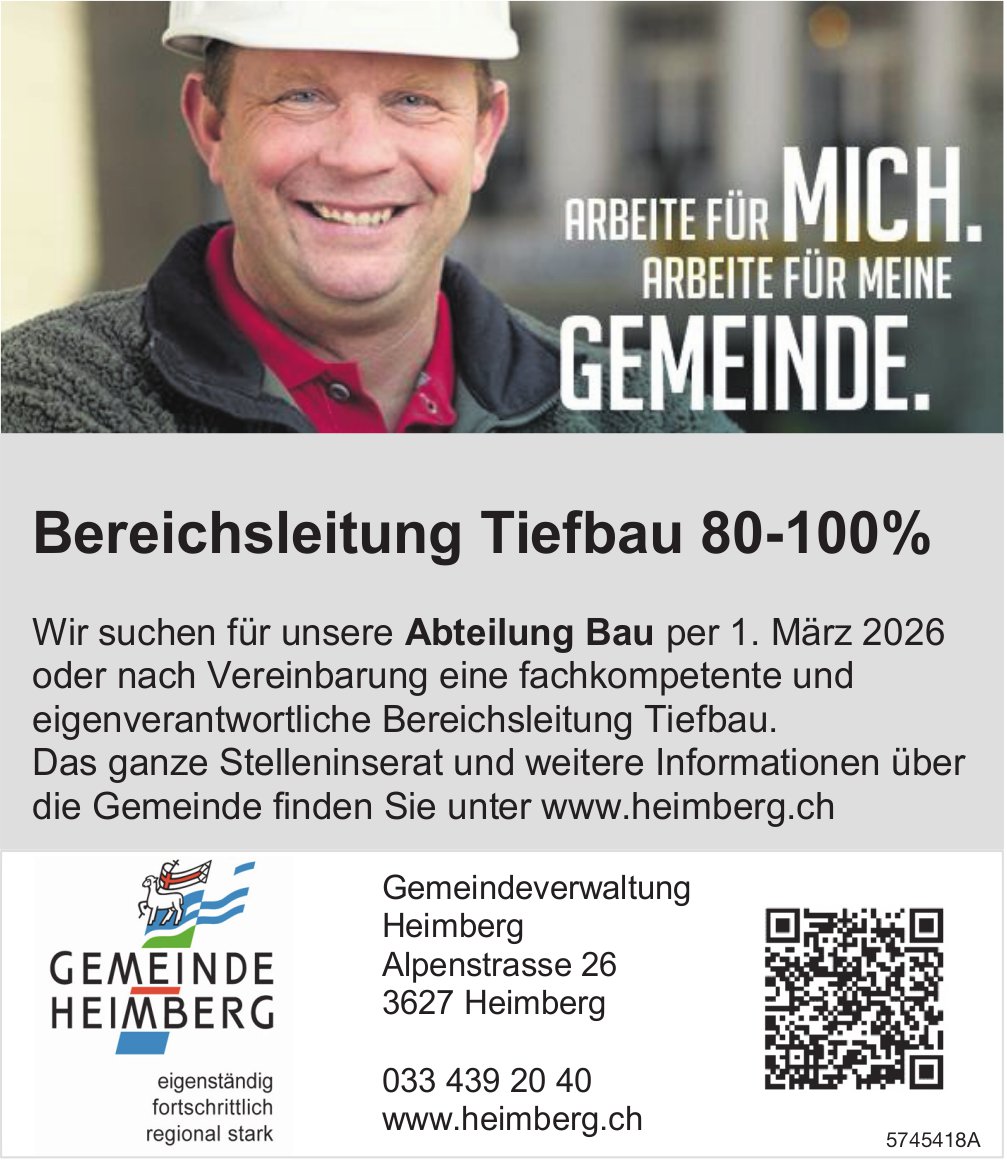 Bereichsleitung Tiefbau 80-100%, Heimberg, gesucht