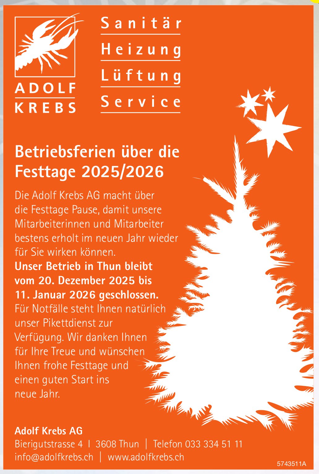 Adolf Krebs AG, Ins - Die Adolf Krebs AG macht über die Festtage Pause