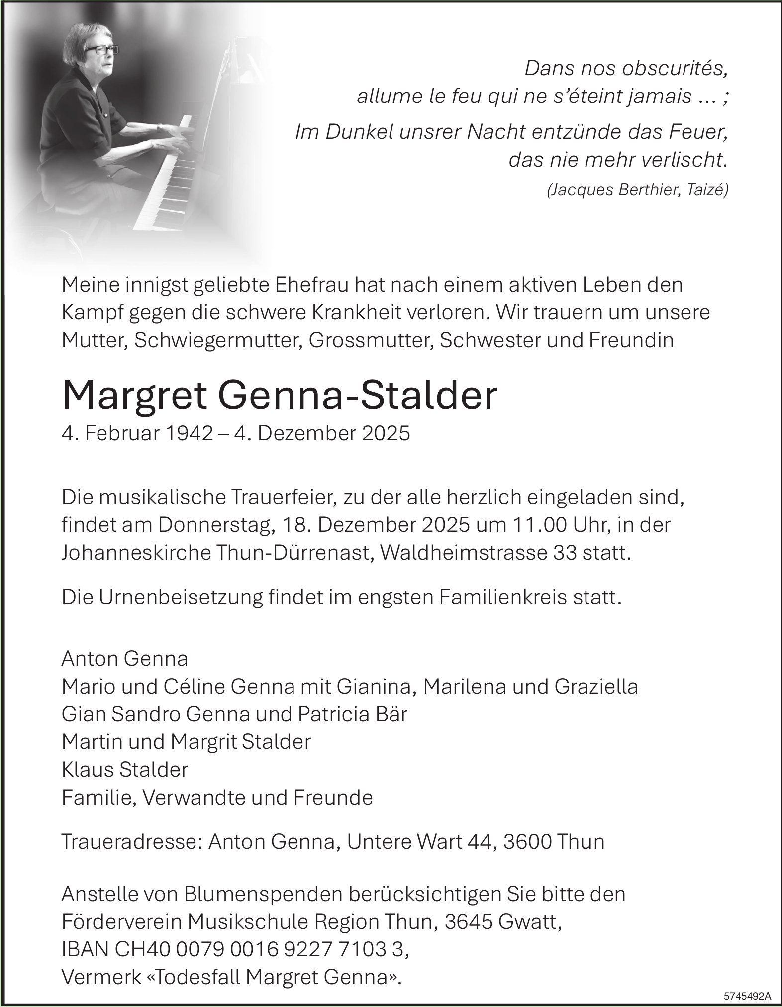 Genna-Stalder Margret, Dezember 2025 / TA