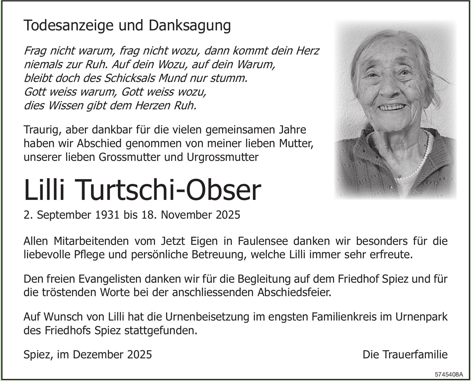 Turtschi-Obser Lilli, im Dezember 2025 / TA + DS