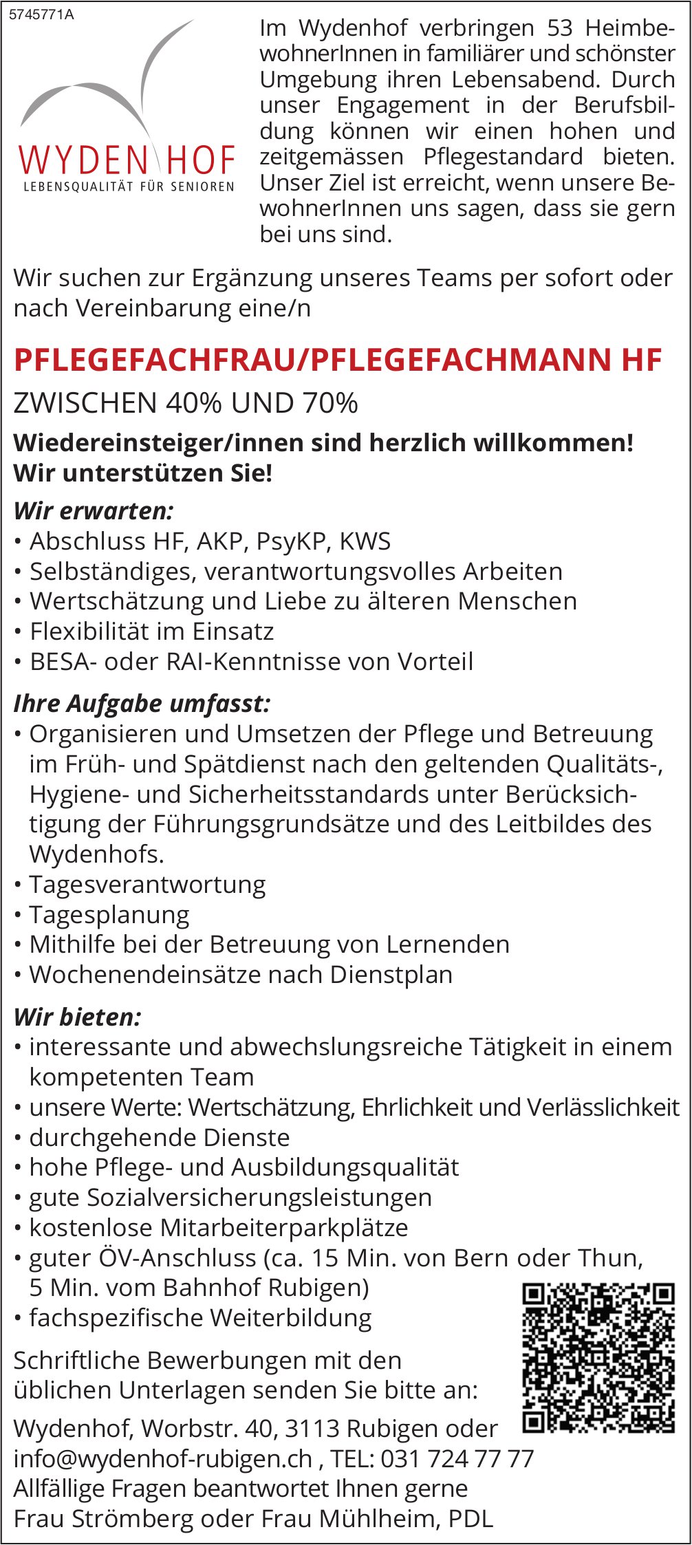 PFLEGEFACHFRAU/PFLEGEFACHMANN HF, Wyden Hof, Rubigen, gesucht