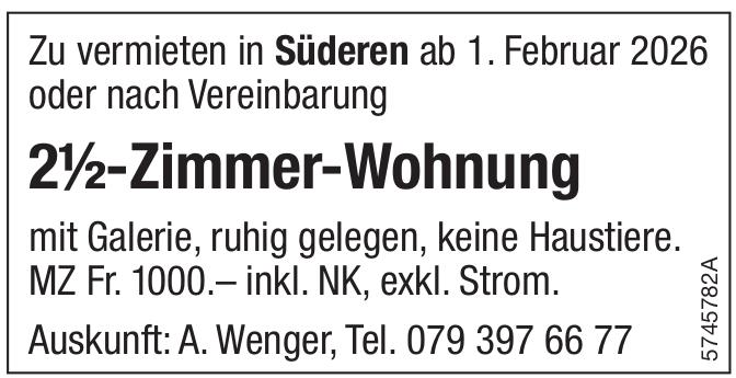 Ab 1. Februar 2026 oder nach Vereinbarung, 2½-Zimmer-Wohnung, zu vermieten