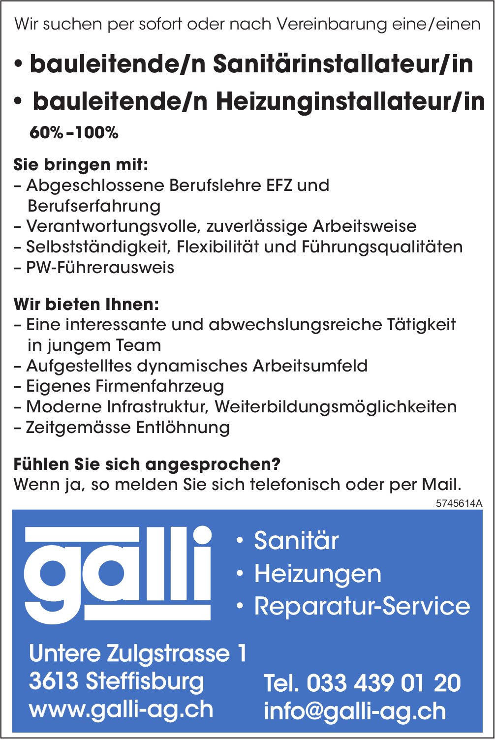Bauleitende/n Sanitärinstallateur/in und bauleitende/n Heizunginstallateur/in, Galli AG, Steffisburg, gesucht