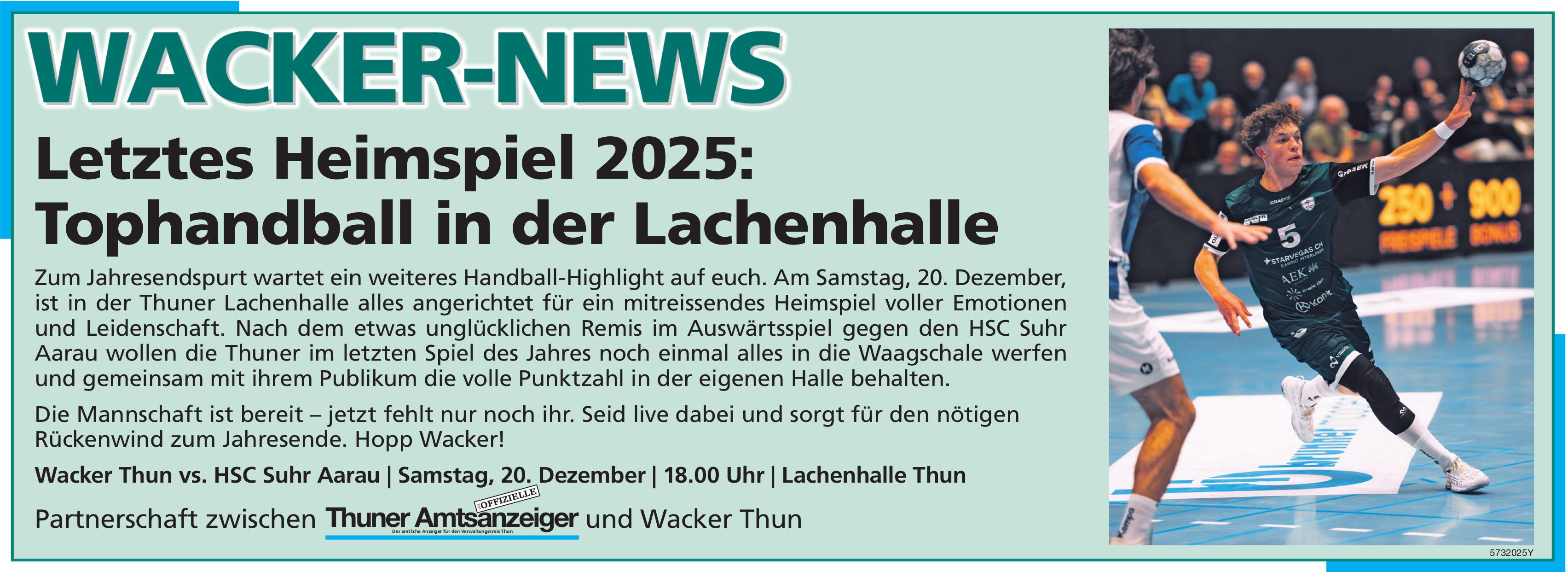 Wacker-News: Letztes Heimspiel 2025: Tophandball in der Lachenhalle, 20. Dezember, Lachenhalle Thun