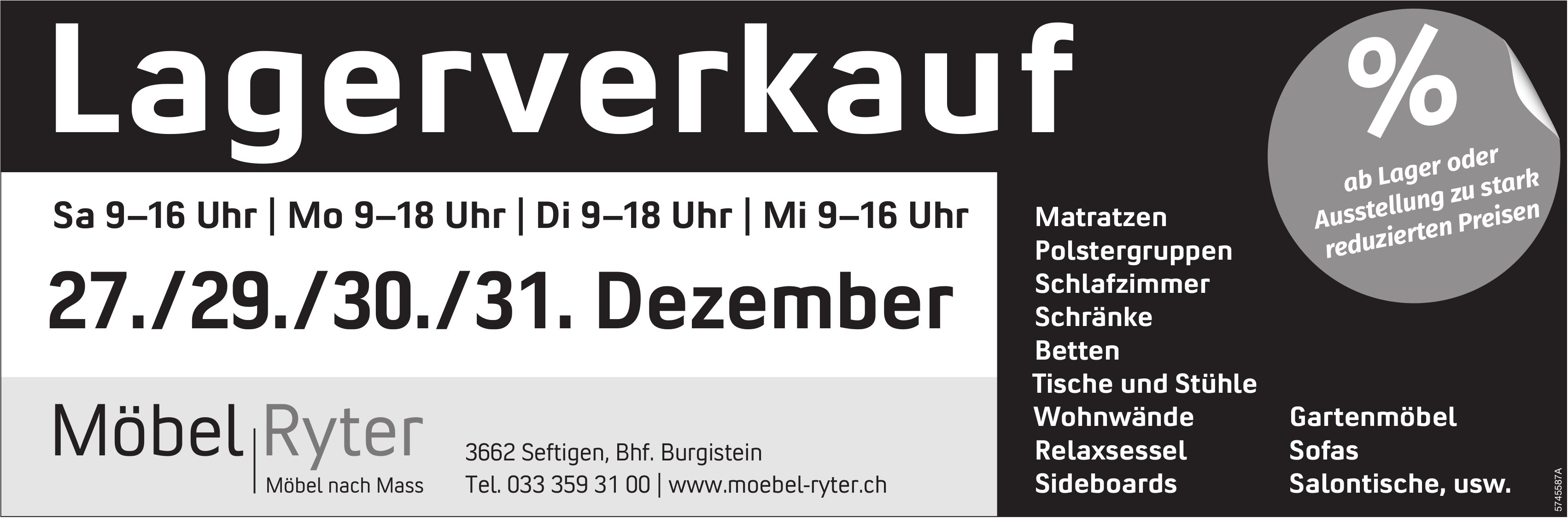 Lagerverkauf, 27. - 31. Dezember, Möbel Ryter, Seftigen
