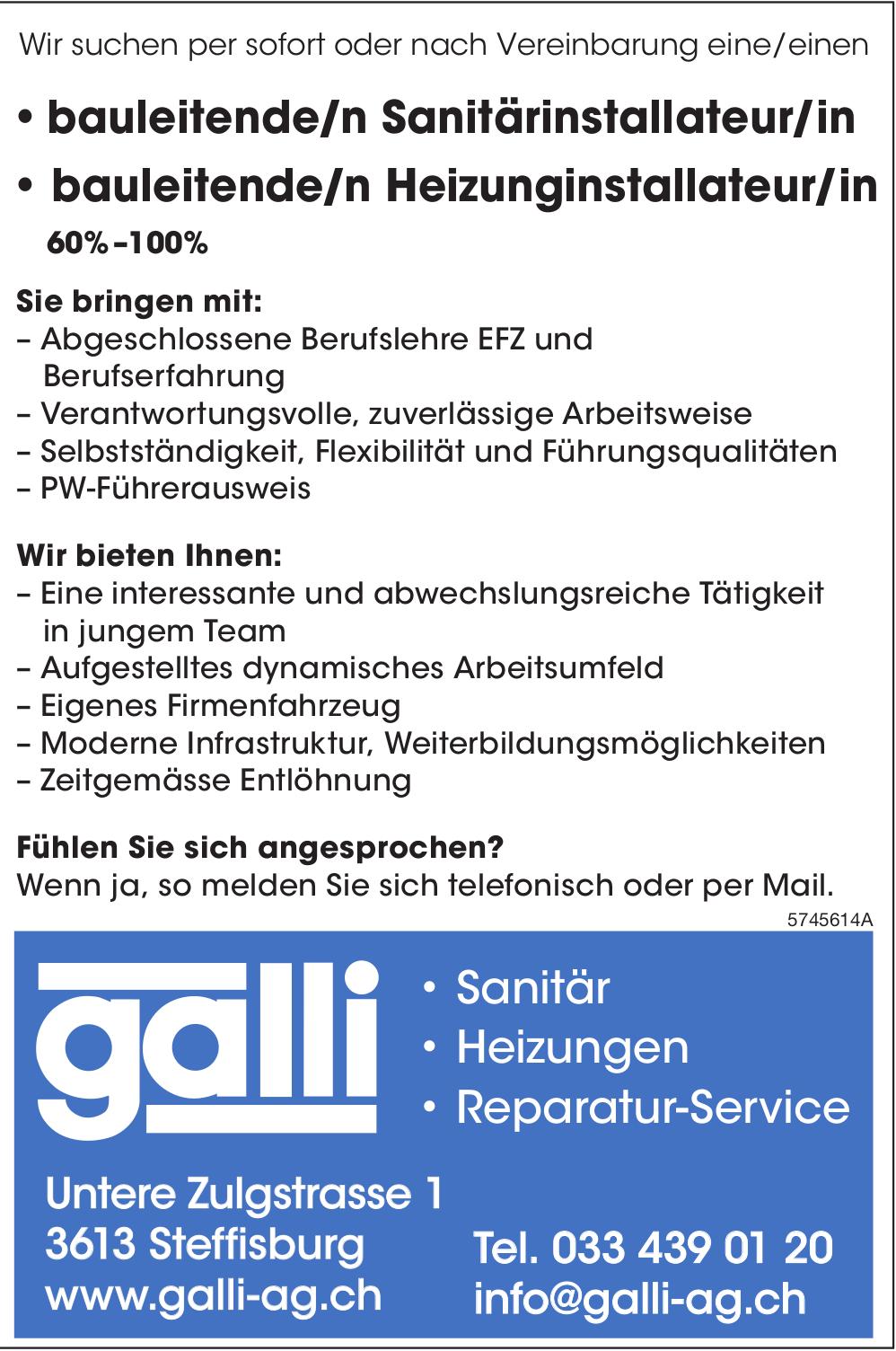 Bauleitende/n Sanitärinstallateur/in und bauleitende/n Heizunginstallateur/in, Galli AG, Steffisburg, gesucht