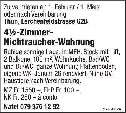 Nichtraucher-Wohnung, 4½-Zimmer-Wohnung, Thun, zu vermieten