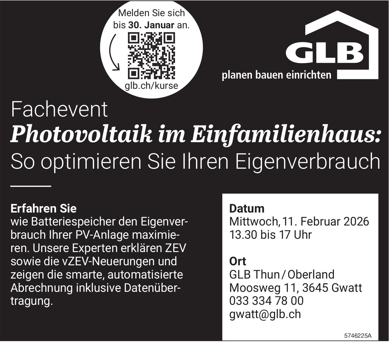 Fachevent Photovoltaik im Einfamilienhaus: So optimieren Sie Ihren Eigenverbrauch, 11. Februar, Gwatt
