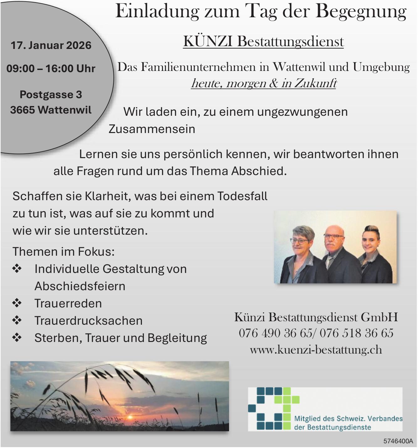 Einladung zum Tag der Begegnung, 17. Januar, Künzi Bestattungsdienst, Wattenwil