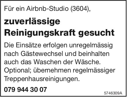 Zuverlässige Reinigungskraft gesucht, Airbnb-Studio, gesucht