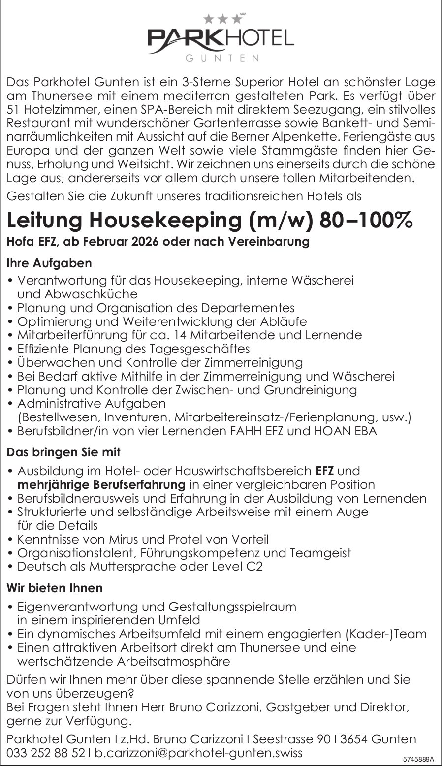Leitung Housekeeping (m/w) 80 –100%, Parkhotel Gunten, gesucht