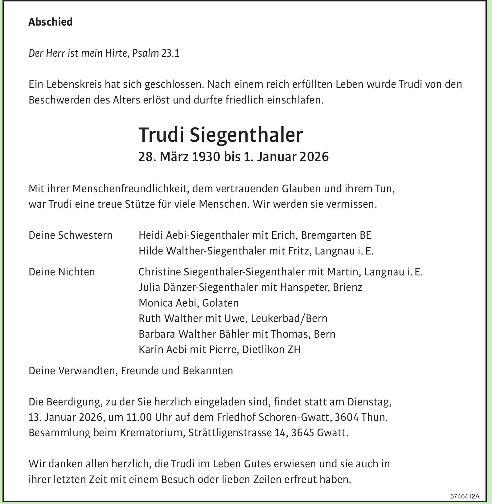 Siegenthaler Trudi, Januar 2026 / TA