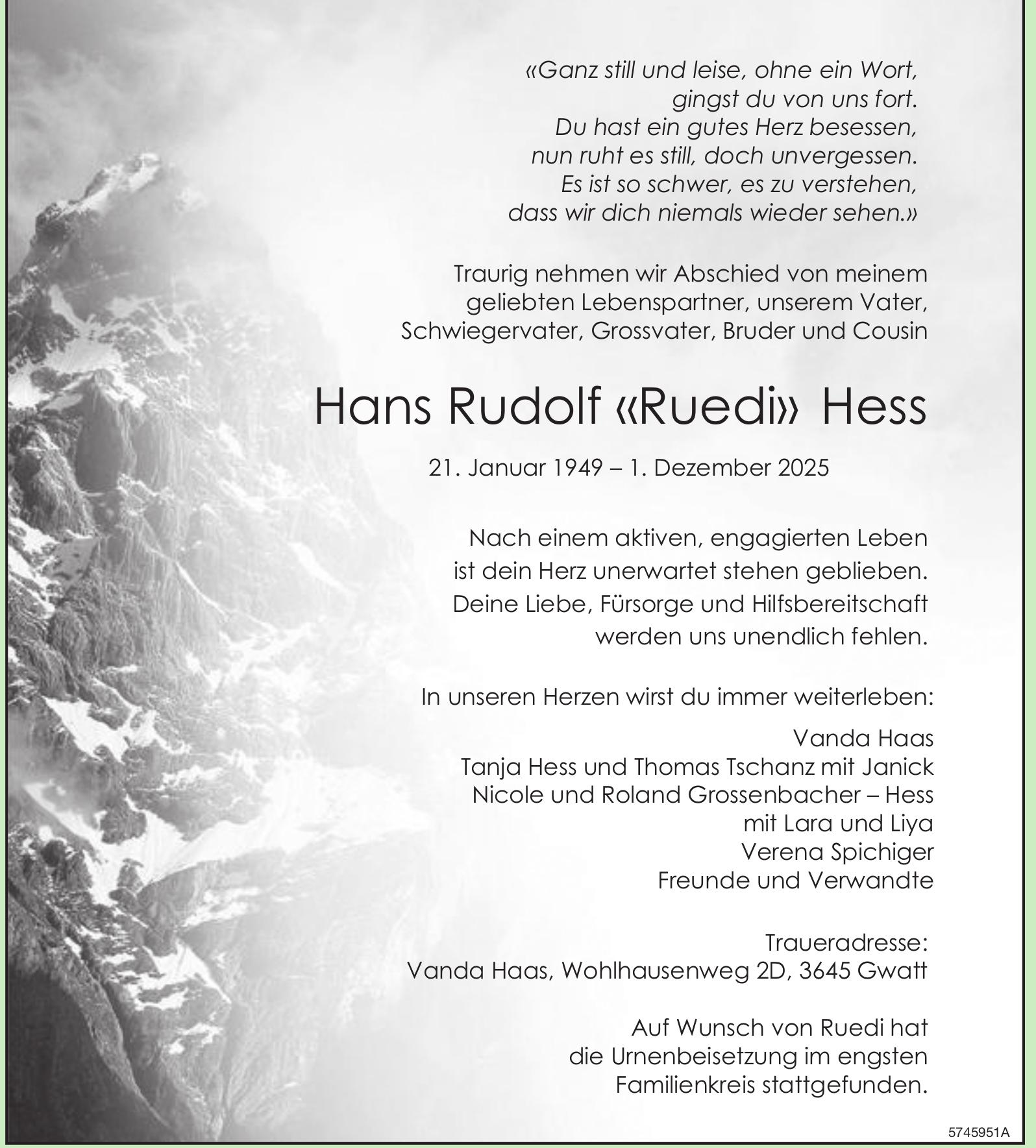 Hess Hans Rudolf «Ruedi», Dezember 2025 / TA