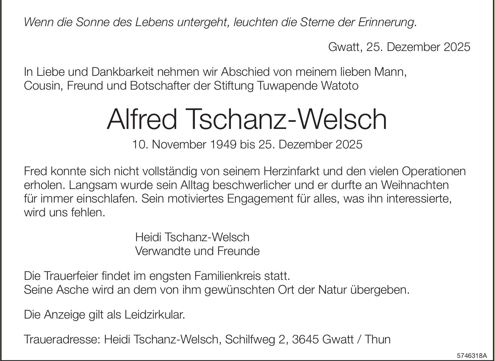 Tschanz-Welsch Alfred, Dezember 2025 / TA