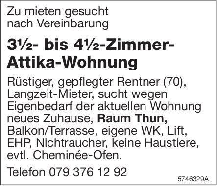 3½- bis 4½-Zimmer- Attika-Wohnung, Thun, zu mieten gesucht