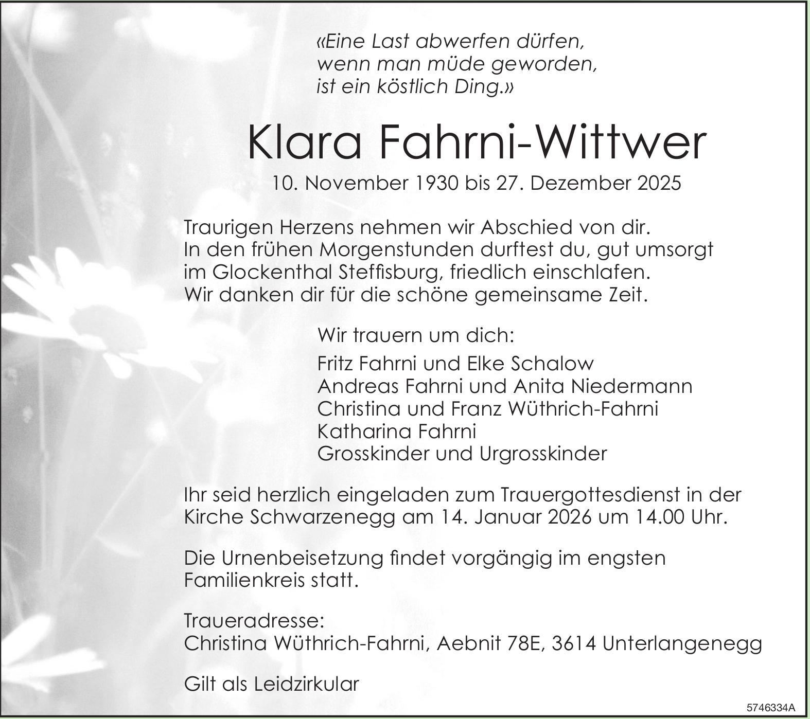 Fahrni-Wittwer Klara, Dezember 2025 / TA