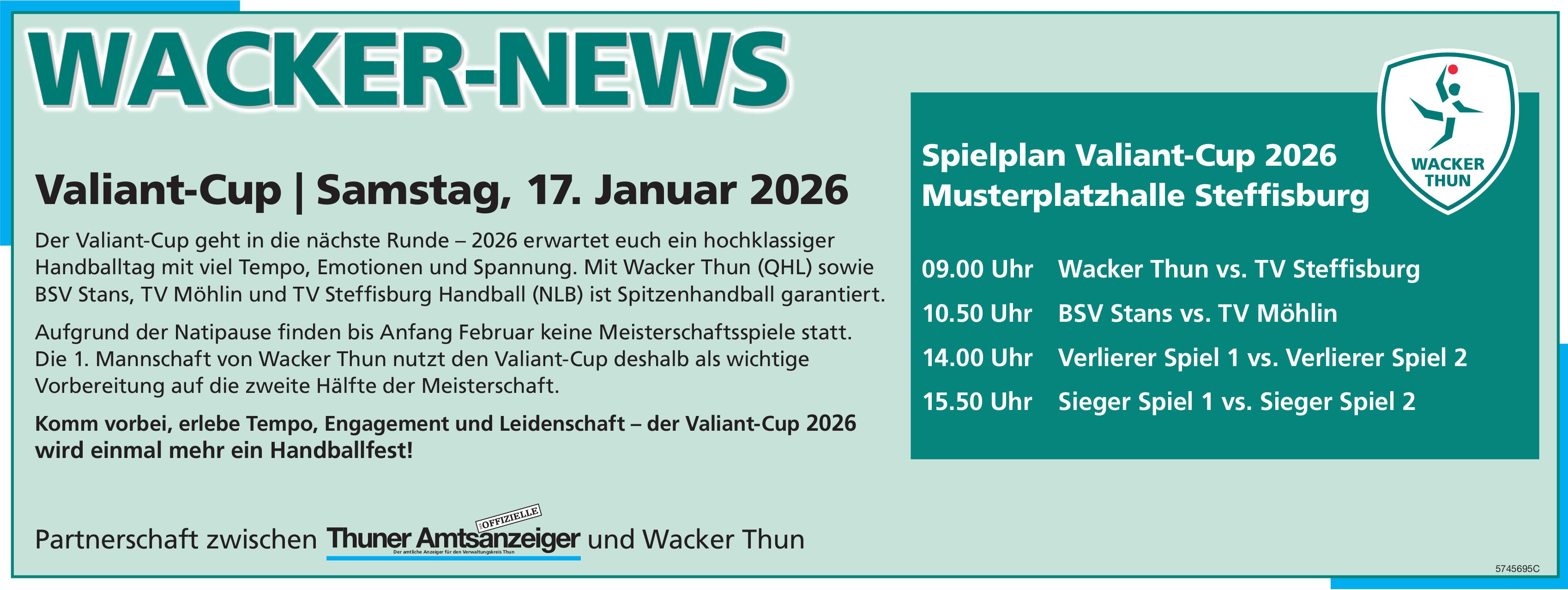 Wacker News: Valiant Cup, 17. Januar, Musterplatzhalle, Steffisburg