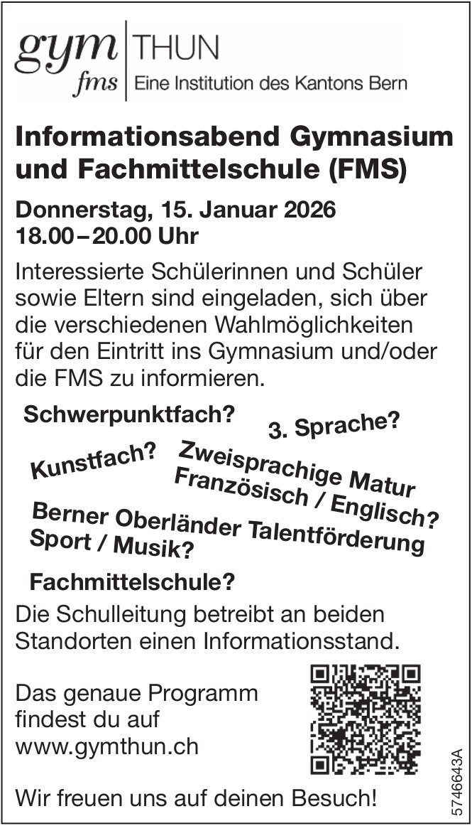 Informationsabend Gymnasium und Fachmittelschule (FMS), 15. Januar