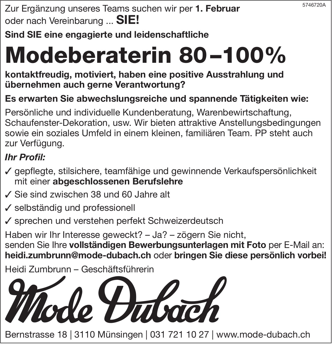 Modeberaterin 80 –100%, Mode Dubach, Münsingen, gesucht
