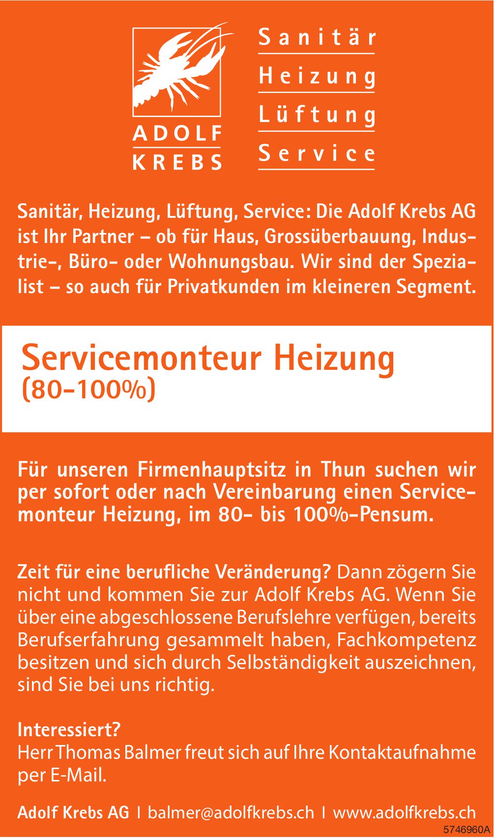 Servicemonteur Heizung, Adolf Krebs, Thun, gesucht