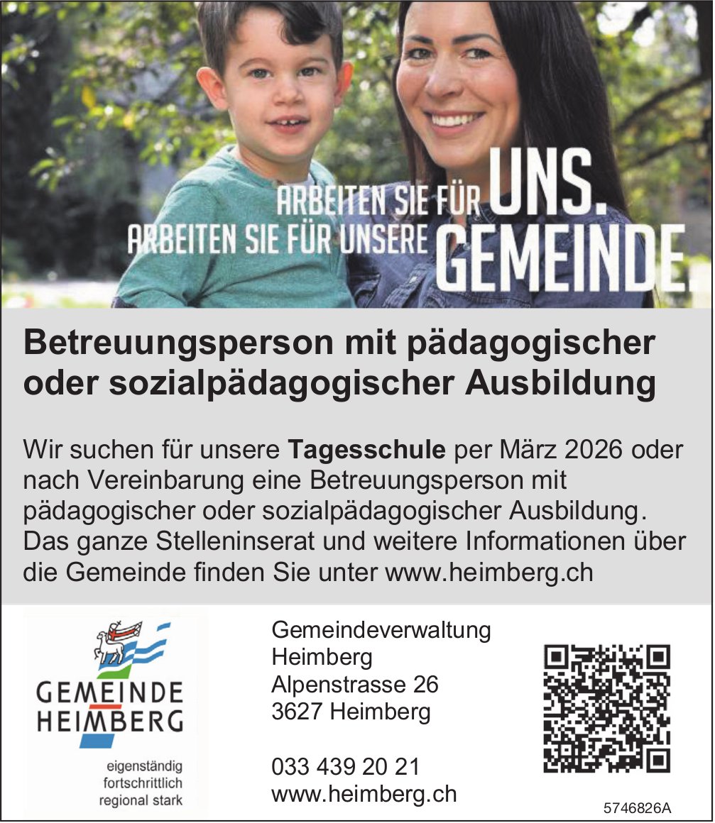 Betreuungsperson mit pädagogischer oder sozialpädagogischer Ausbildung, Gemeinde Heimberg, gesucht