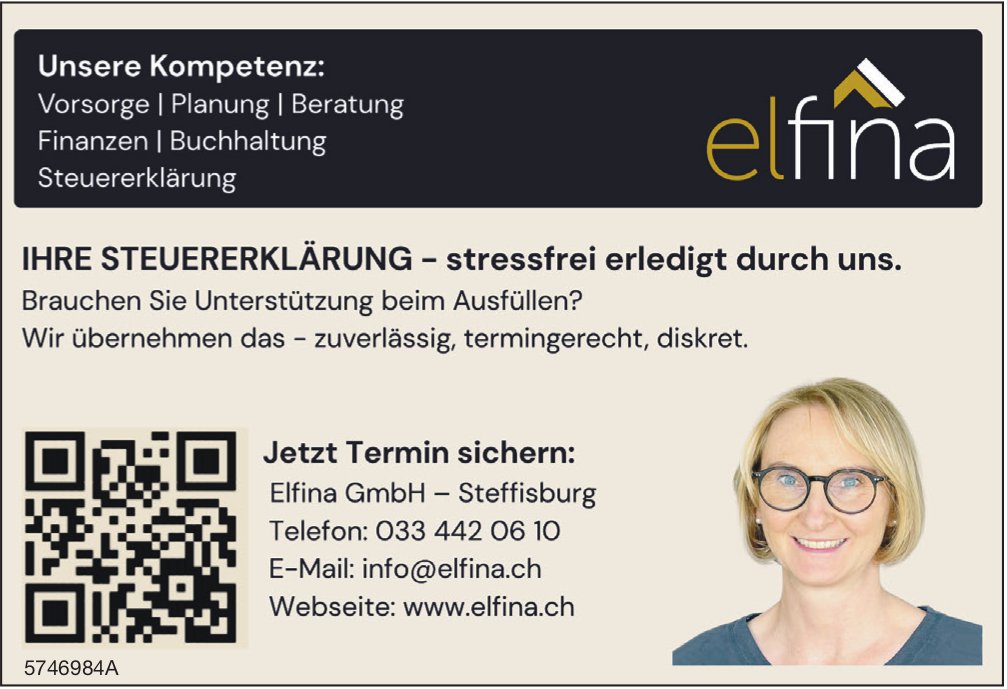 Elfina GmbH, Steffisburg - Ihre Steuererklärung - stressfrei erledigt durch uns.
