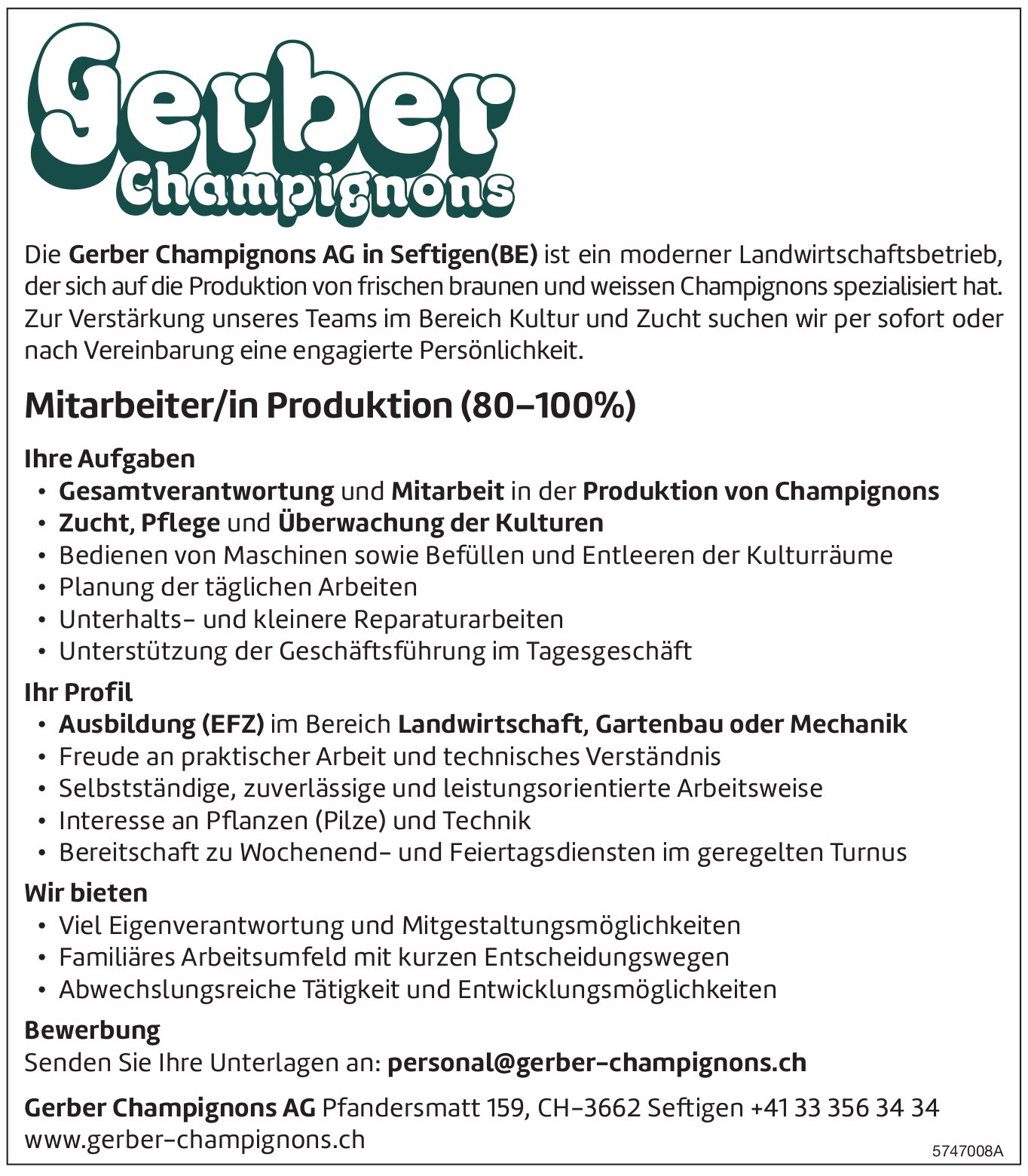 Mitarbeiter/in Produktion (80–100%), Gerber Champignons AG, Seftigen, gesucht