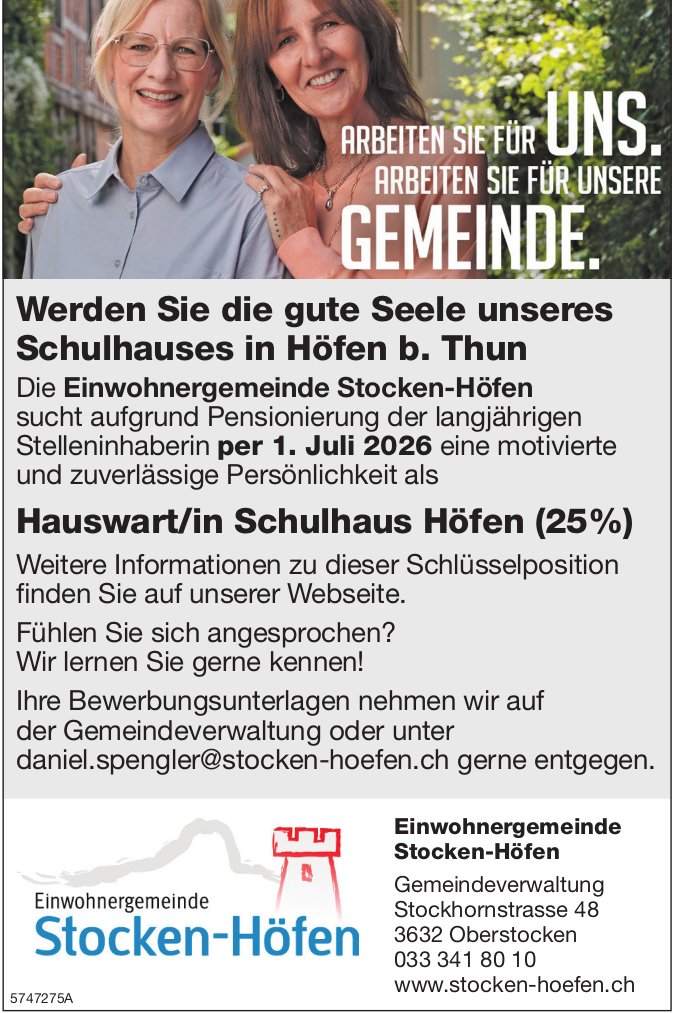 Hauswart/in Schulhaus Höfen (25%), Einwohnergemeinde Stocken-Höfen, Oberstocken, gesucht