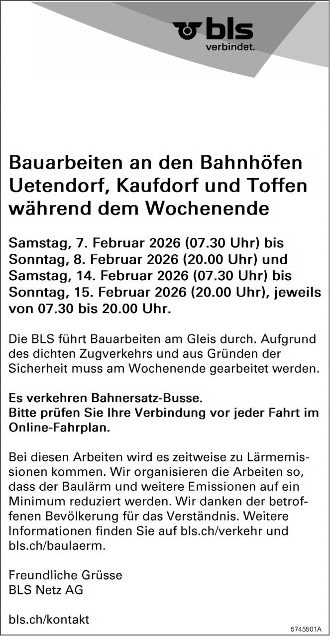 Bauarbeiten an den Bahnhöfen Uetendorf, Kaufdorf und Toffen während dem Wochenende, 7. - 15. Februar